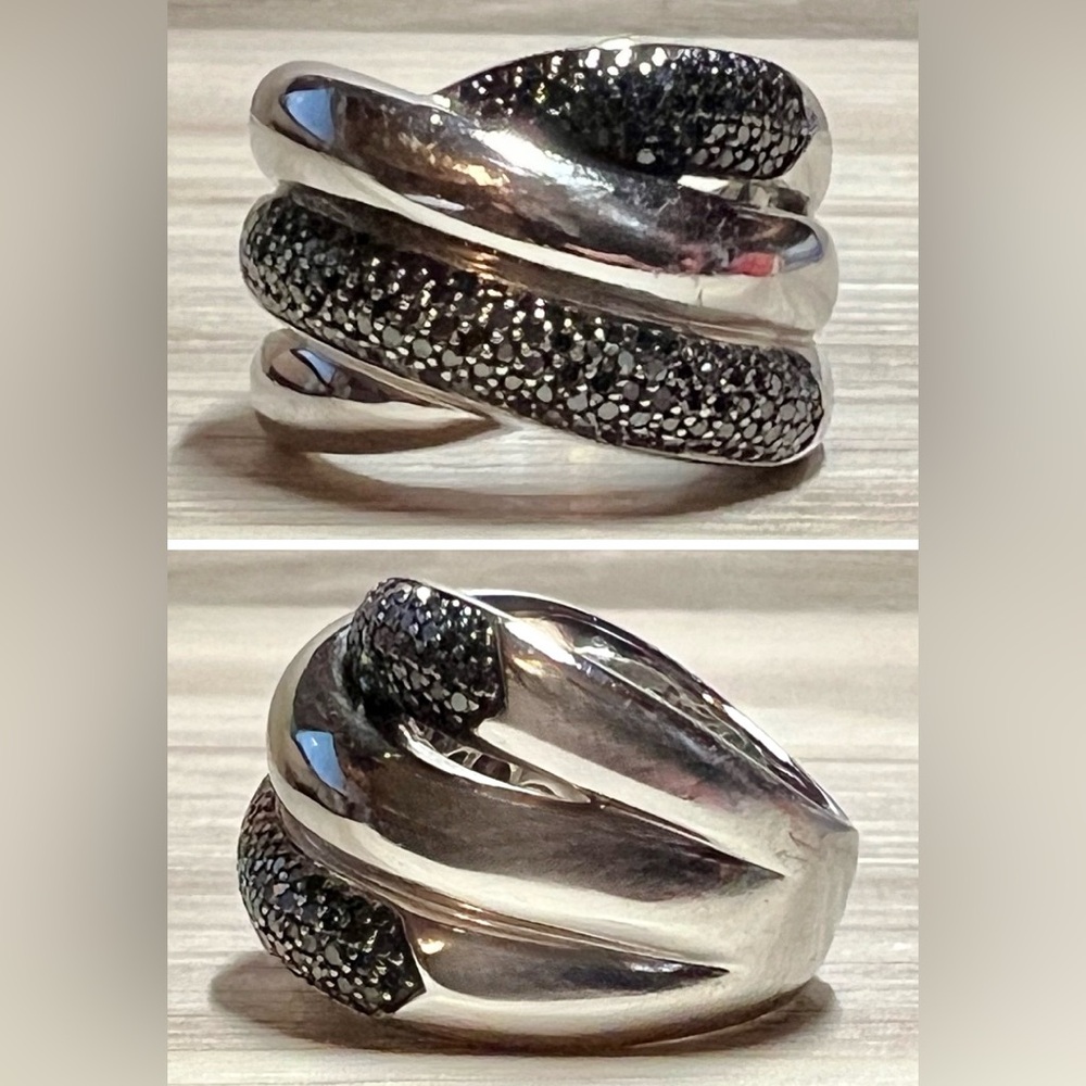Designer Signed JS Sterling Silver Pavé Black Diamond Crossover Ring, Size 6